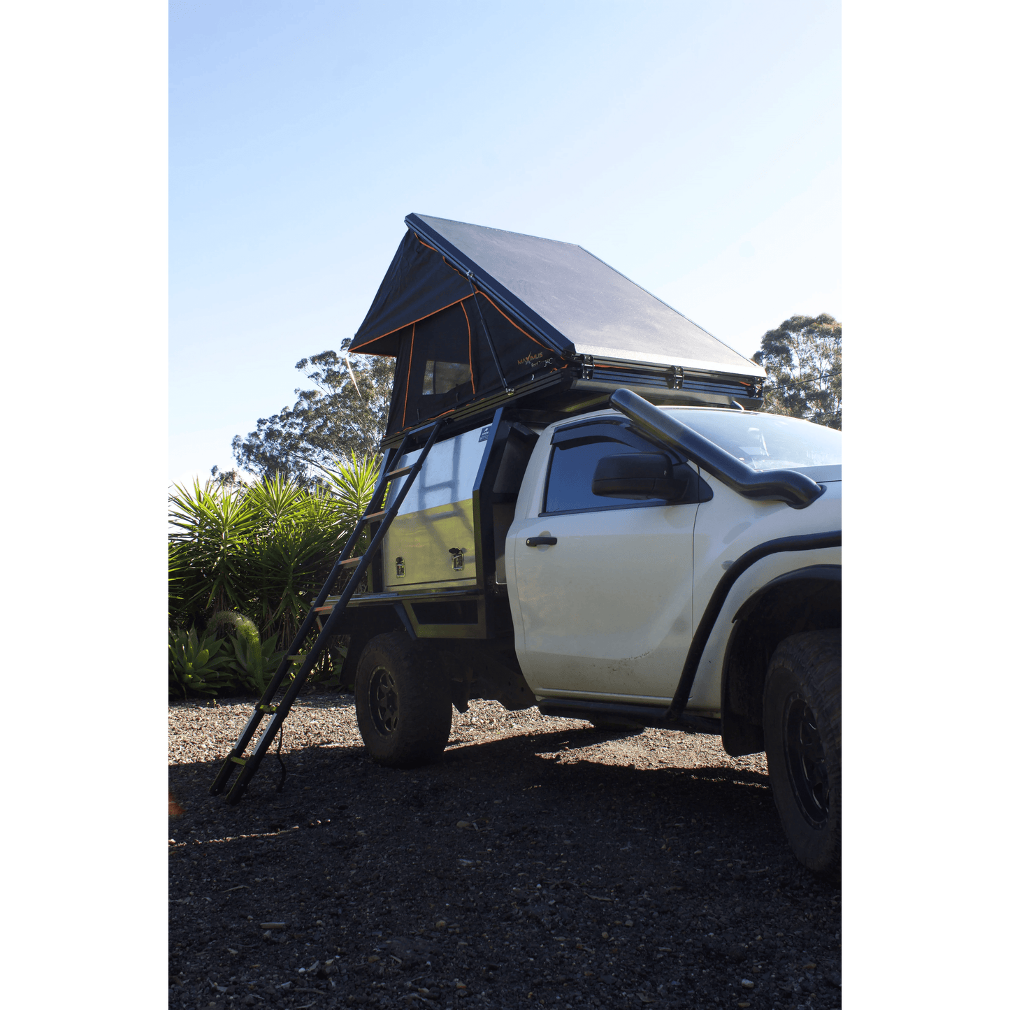Hard shell rooftop tent retractable ladder